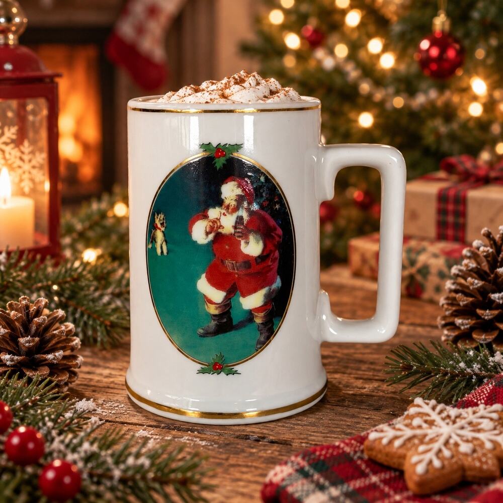1996 Coca-Cola Santa Mug When Friends Drop In Gold Trim Christmas